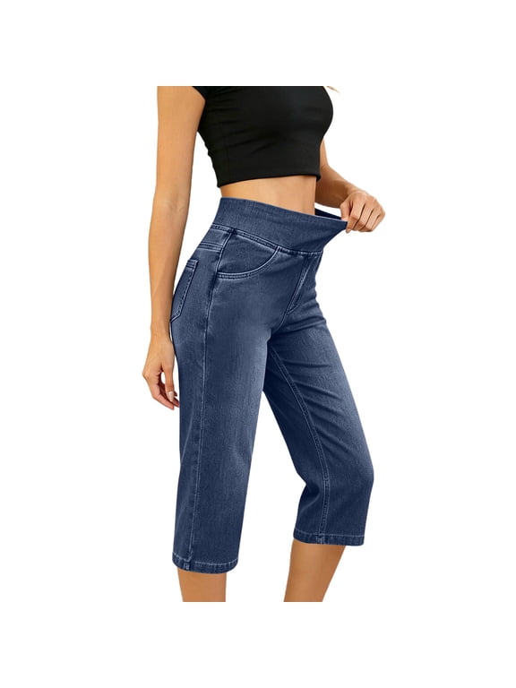 Womens Jeans Pull On Capri Denim Pants Trendy Casual Plus Size Straight Fit, S-5XL