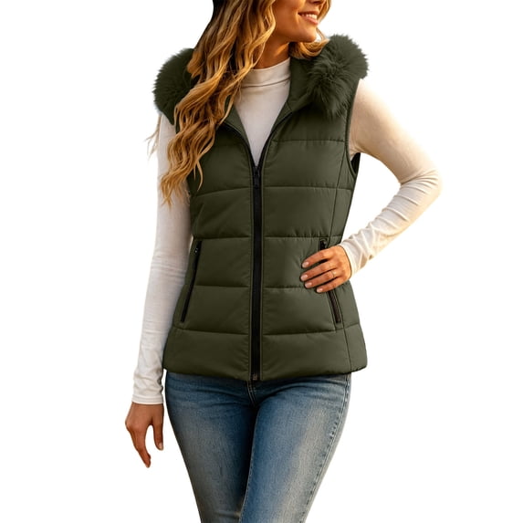 Cekizud Womens Puffer Vest Winter Hooded Faux Fur Trim Puffer Jacket Sleeveless Zip Up Slim Fit Warm Coat with Pockets, S-2XL