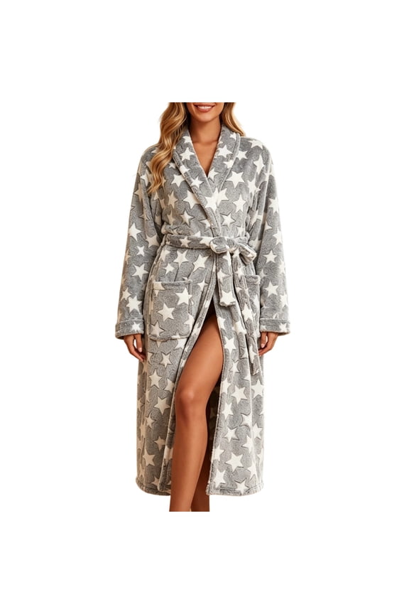 Womens Robe Star Print Flannel Winter Thick Warm Full Length Home Robe