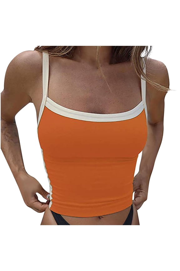 Womens Tank Tops Contrast Trim Crop Backless Fitted Spaghetti Strap Casual Layering Cami,Sizes S-L