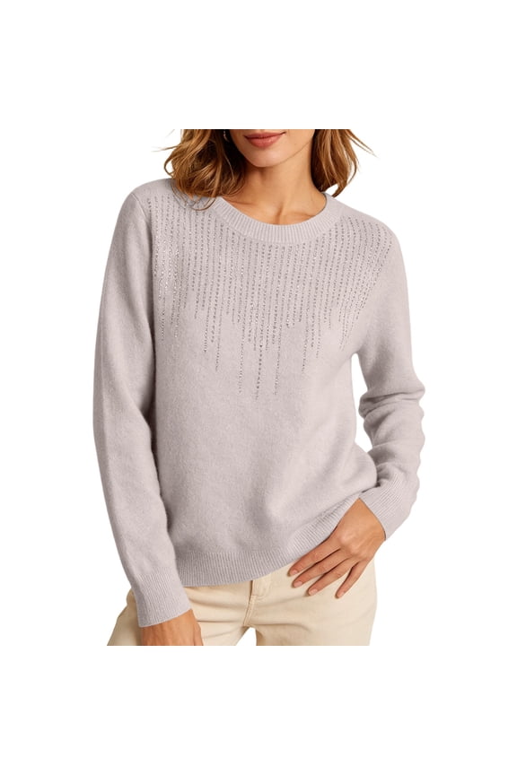 Womens Tops Crew Neck Rhinestone Embellished Long Sleeve Soft Knit Pullover Sweaters, Sizes S-2XL