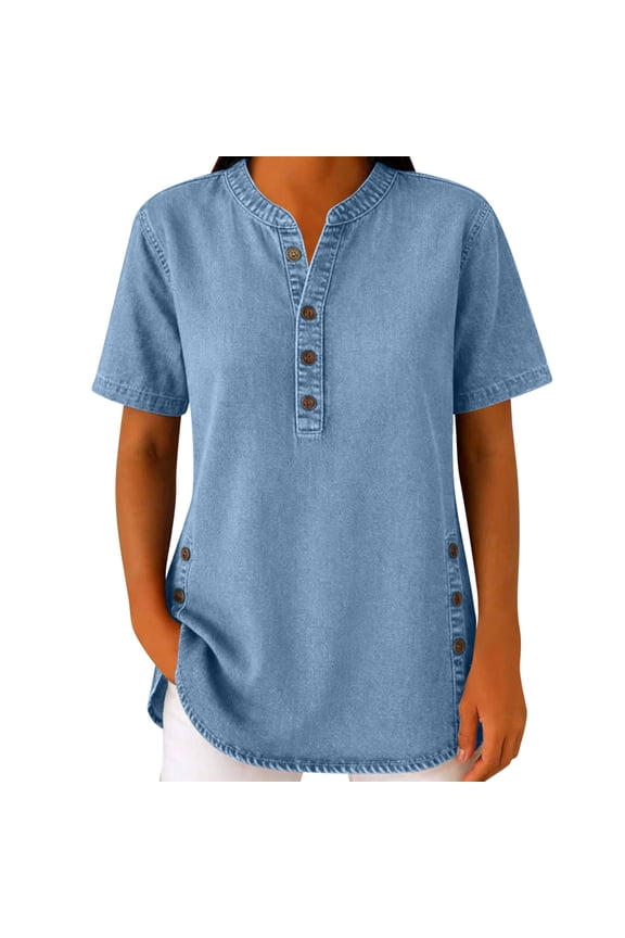 Womens Tops Denim Short Sleeve Stand Collar Loose Tunic Top Jean Blouse,Sizes S-2XL