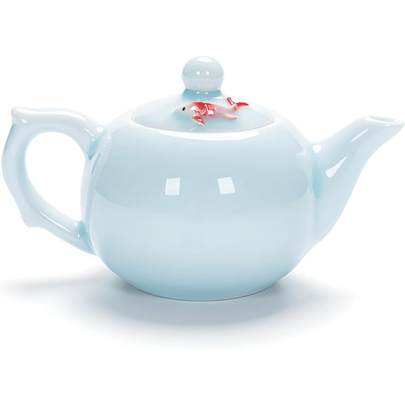 Celadon Ceramic Teapot with 3D Koi Fish Lid, Small Chinese Traditional Loose Leaf Flower Tea Pot, Single Serve Handmade Porcelain Tea Brewer for Home Tea Ceremony