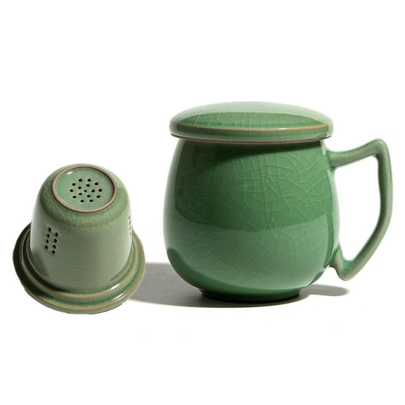 Celadon Porcelain Tea Cup with Inner Strainer and Lid,Jade Greenware,4 Optional Patterns,龙泉青瓷茶漏茶杯 (Green(Hacking Pieces))