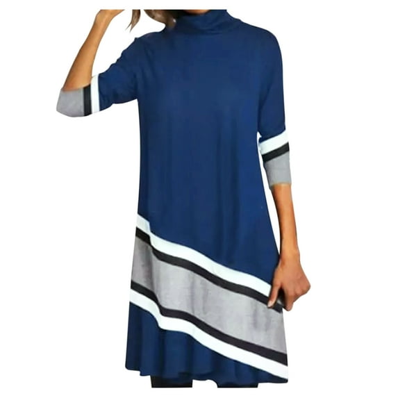 Celarance-Sale Dresses for Women 2023 Elbow Sleeve Printing Stripe Pattern Round Neck Dresses Plus Size Loose Fit Maxi Dress Casual Blouse Top Vacation Dresses Holiday Daily Swing Hem Pleated Dress