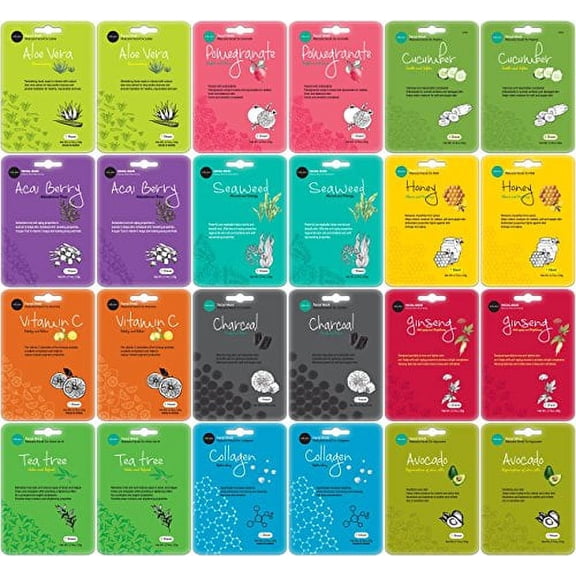 Celavi Collagen Facial Face Mask (24-Sheets) Classic Korean Skincare | Lighten, Moisturize, Tighten Skin | Diminish Dark Spots & Circles | Brighten, Balance Pigmentation (2 of each mix)