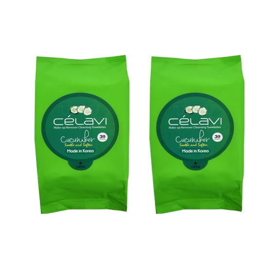 Celavi Cucumber Korean Makeup Remover Wipes, Facial Cleansing Towelettes, 2 Pack, 60 Count