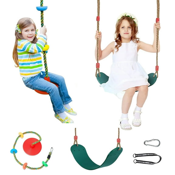 Celawork 2-Pack Kids Swing Set, Green Heavy Duty Swing Seat+ Red Climbing Ropes Tree Swing with Platforms, Playground Swing Accessories for 3 years+