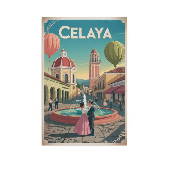 Celaya Retro City Travel Poster with Dancing Couples, Fountains And Town Romance Canvas Poster