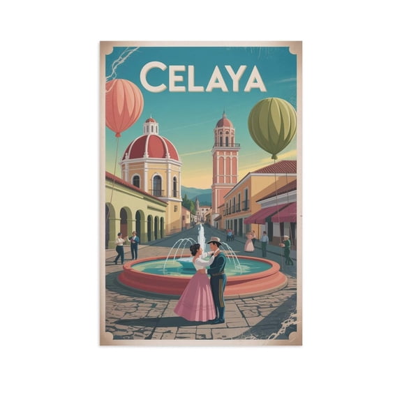Celaya Retro City Travel Poster with Dancing Couples, Fountains And Town Romance Print Poster