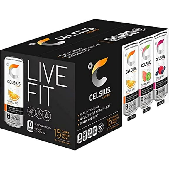 Celcius Live Fit Sparkling Fitness Drink Variety, 12 Ounce (15 Count) - PACK OF 3