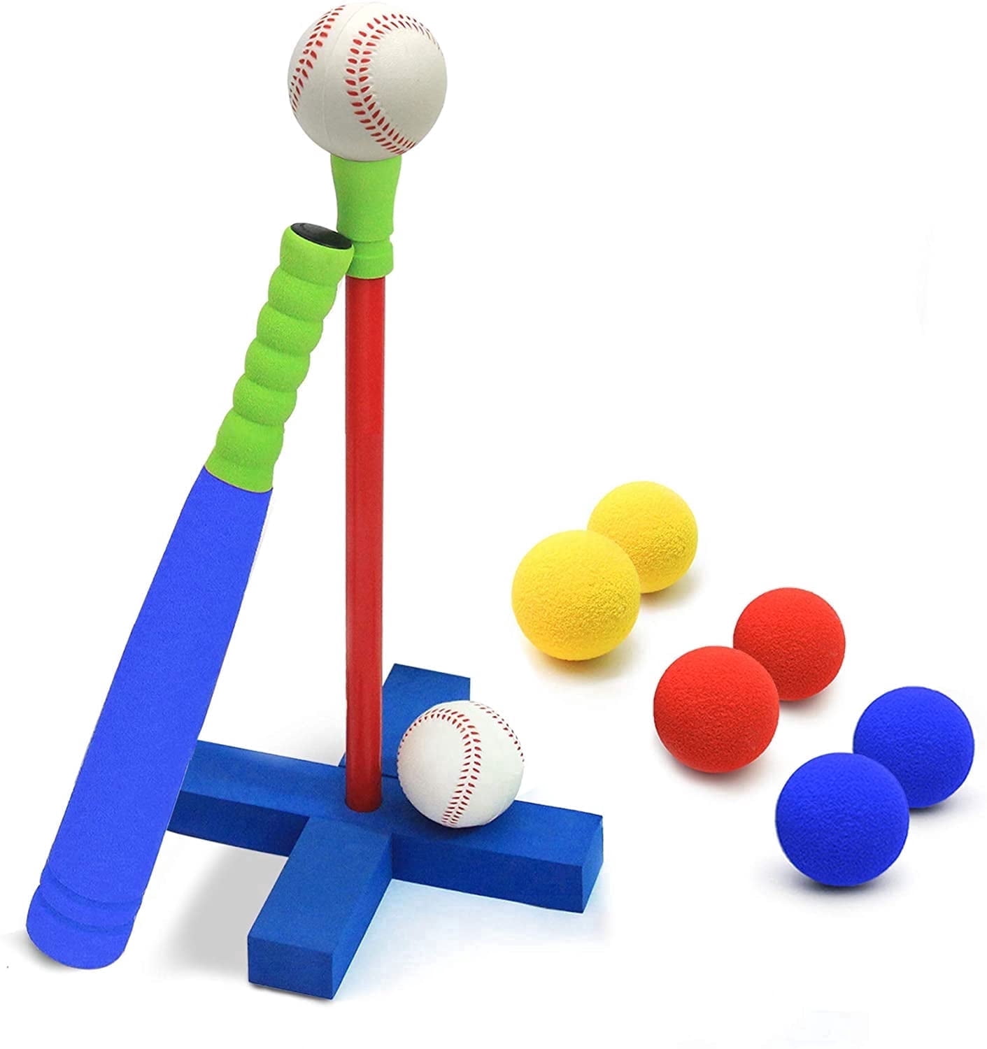 CELEMOON  16.5 inch Foam T Ball Kids Baseball Softball Bat Set Batting Tee, 8 Colored Balls Included + Carry Bag, for Toddler 2 3 4 Years Indoor Outdoor Sport Playing Toys, Blue