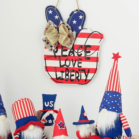 To Celebrate 12" Patriotic Wooden Peace Sign Wall Decor, Independence Day Rabbit Ears Door Hanger with Burlap Bow, Red White and Blue American Flag Welcome Sign for Home Porch Party Decoration