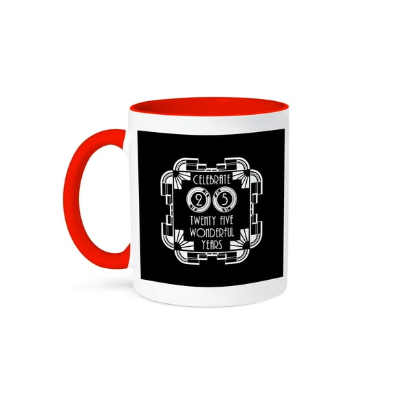 3drose, Celebrate 25 Wonderful Years- Art Deco Design in Black and White, 11oz Two-tone Red Mug