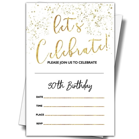 Celebrate 30 Invitations Set - 20 Elegant Invite Cards with Envelopes, 4" x 6" White and Gold Confetti Design for Memorable Birthday Party Celebrations
