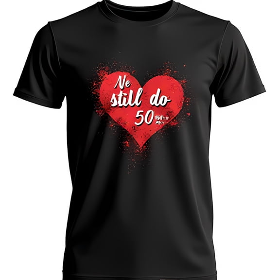 Celebrate 50 with Style Black T-Shirt Featuring Red Heart & Ne still do 50 Graphic