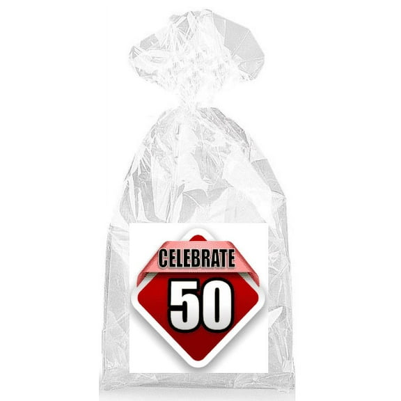 Celebrate 50th Birthday on Red Party Favor Bags with Ties - 12pack