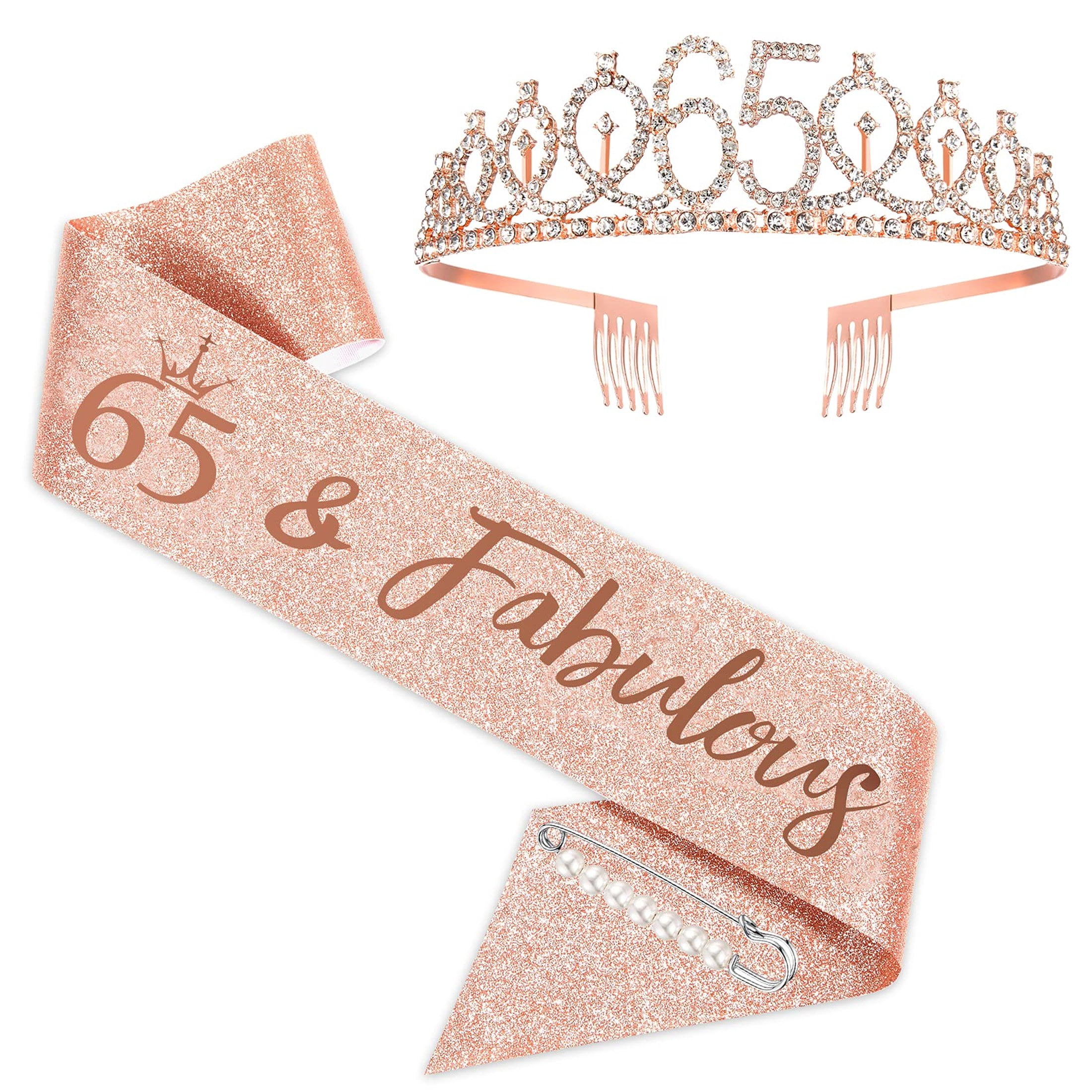 Celebrate 65 with Elegance: Rose Gold Birthday Sash and Tiara Set for Women, Perfect for Fabulous 65th Birthday Parties and Memorable Gift Ideas for Her Special Day.
