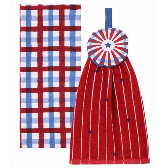 Celebrate Americana Firework Tie Top Plaid Strips Terry Kitchen Towels 2-Pack