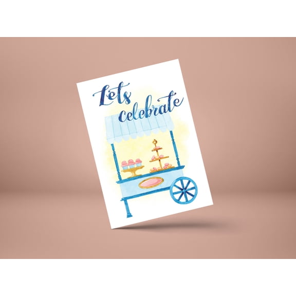 Let's Celebrate Card - Festive Bakery Stand Design - Perfect for Birthdays and Special Occasions - Envelope Included, Blank Inside for Custom Messages