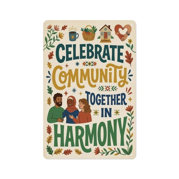 Celebrate Community Together In Harmony Inclusive Community Art Print Metal Tin Sign Wall Decor Art Vintage Room Decoration Tin Painting Poster for Home Man Cave Bar Cafe Store Garage Or Club 12x8 In