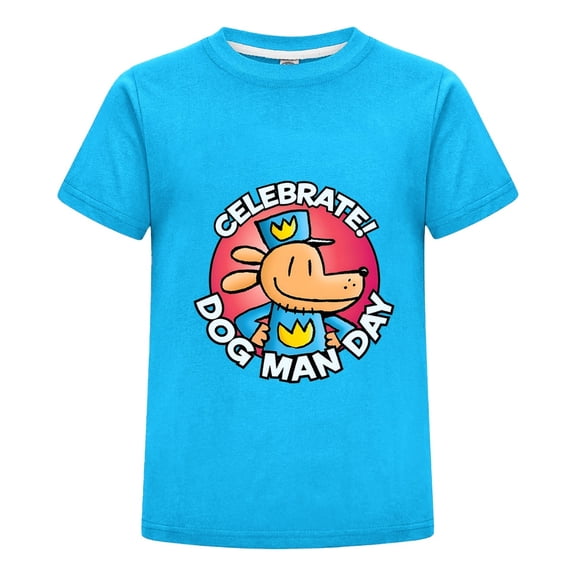 Celebrate Dog Man Day Kids T-Shirt – Boys Girls Celebration Badge Tee Top with Comic Style Design