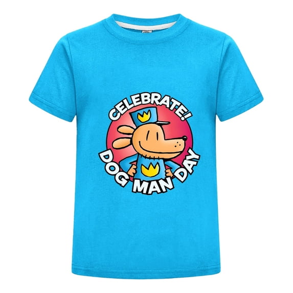 Celebrate Dog Man Day Kids T-Shirt – Boys Girls Celebration Badge Tee Top with Comic Style Design