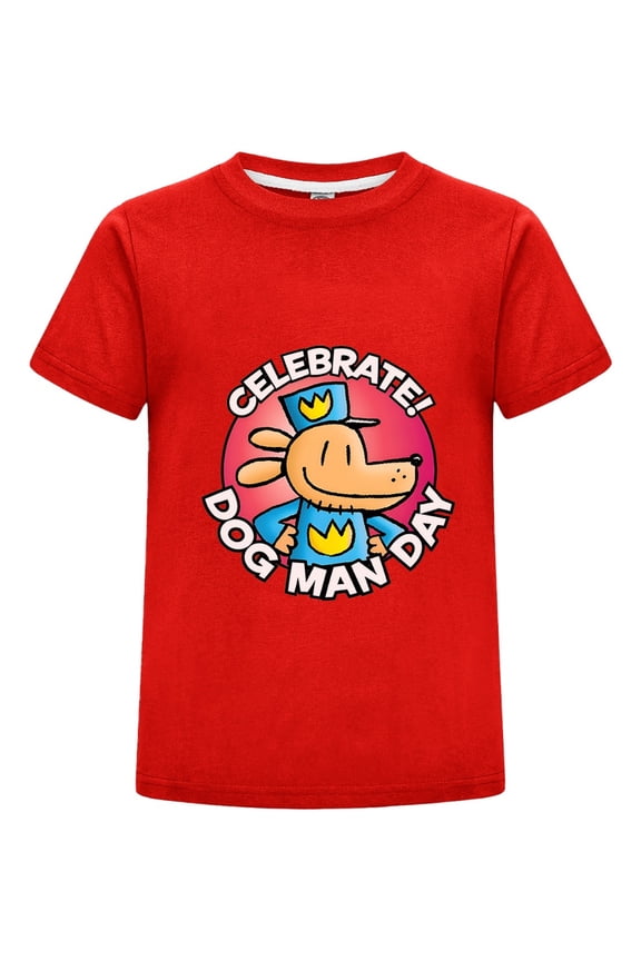 Celebrate Dog Man Day Kids T-Shirt ā Boys Girls Celebration Badge Tee Top with Comic Style Design