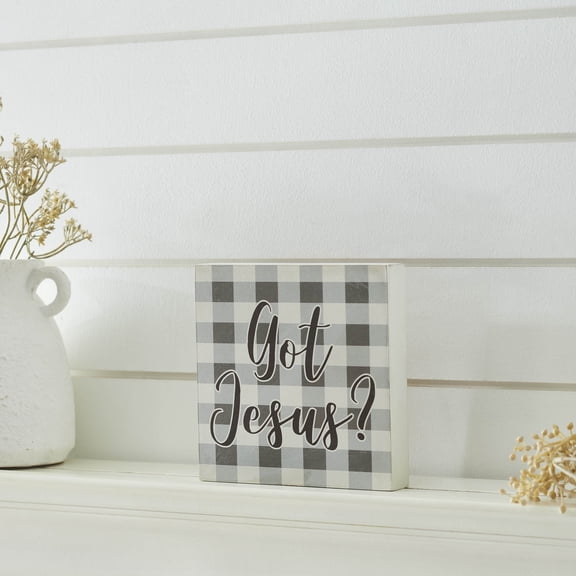 VHC Brands Celebrate Grace Got Jesus Grey Check MDF Block Sign 6x6, Spring Decor, Home Decorations for Wall or Door, Spring and Easter Hanging Decoration