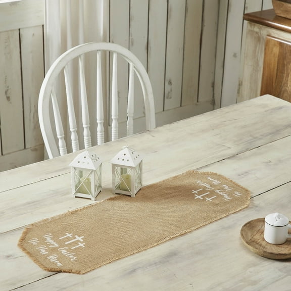 VHC Brands Celebrate Grace Jute Burlap Happy Easter Runner 8x24, Jute Dining Room Kitchen Table Runner, Jute Style, Spring Decor