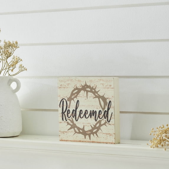 VHC Brands Celebrate Grace Redeemed w/Crown of Thorn MDF Block Sign 6x6, Spring Decor, Home Decorations for Wall or Door, Spring and Easter Hanging Decoration