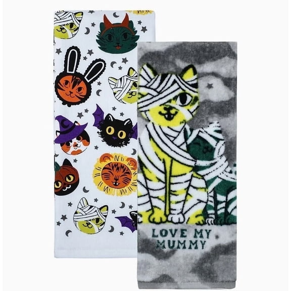 Celebrate Halloween Together "Love My Mummy" Cats Kitchen Terry Tea Towels 2-Pk