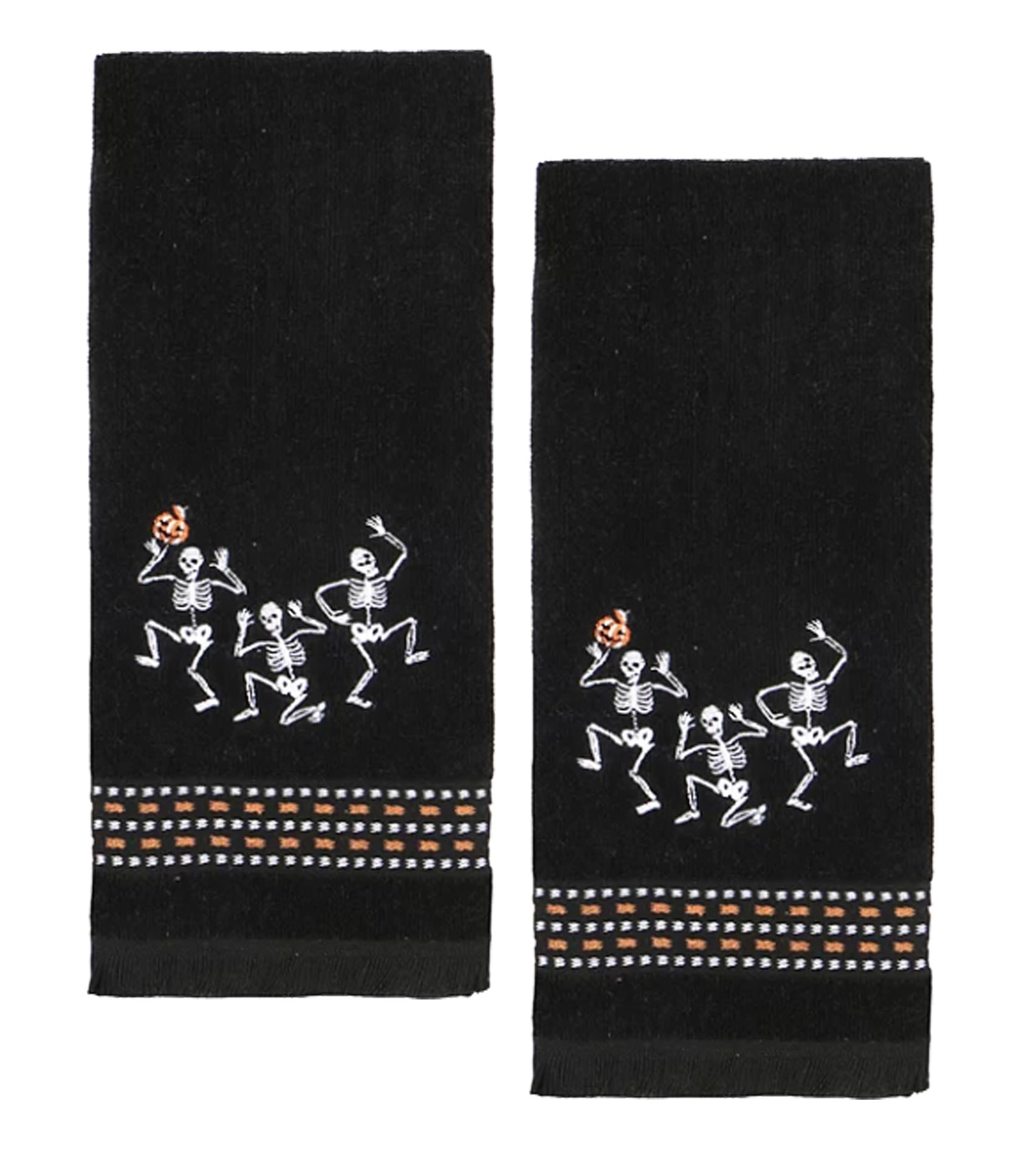 Celebrate Halloween Towels, Black Bath Hand Towel 2 Pack Set Embroidered Skeleton Trio Bathroom