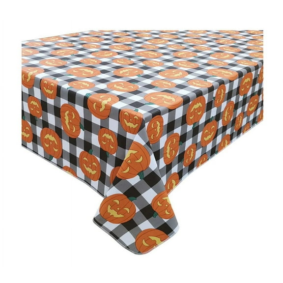 Celebrate Halloween Vinyl Tablecloth Pumpkins on Gingham Background for Indoor / Outdoor Use, 52 x 70 inches
