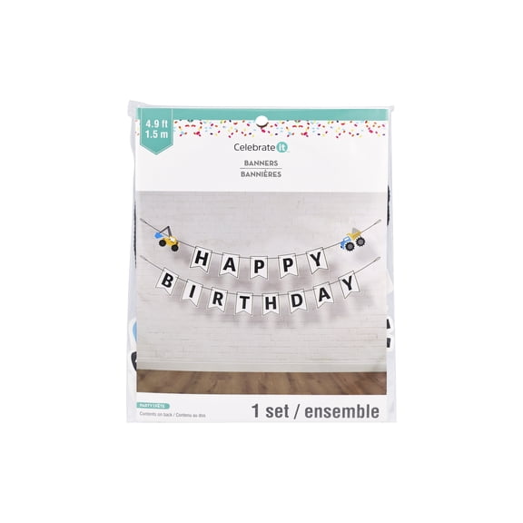 Celebrate It Banner Set Construction-Themed Tractor Party Garlands with White Pennants - White - 5 ft - 12 Sets