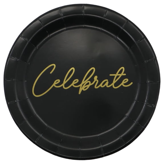 Celebrate It Celebrate Snack Plates, Gold Foil Script Decorative Paper Tableware, Black/Gold, 7", 12 Pack (96 Total)