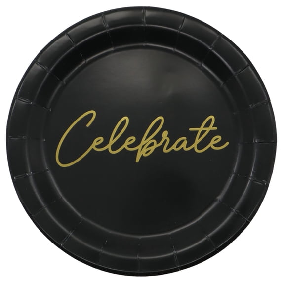 Celebrate It Celebrate Snack Plates, Gold Foil Script Decorative Paper Tableware, Black/Gold, 7", 12 Pack (96 Total)