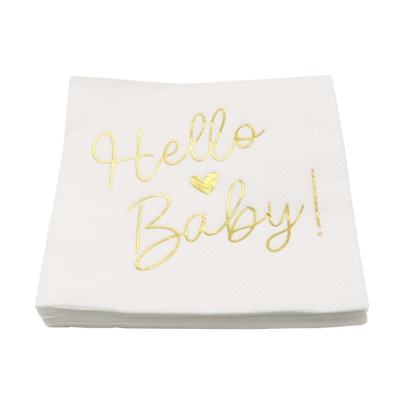 Celebrate It Cocktail Napkins  Hello Baby! Gold Foil Baby Shower Napkins with Heart Accent - White/Gold - 4.8" x 4.8" - 24 Packs (480 Total)