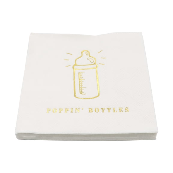 Celebrate It Cocktail Napkins  POPPIN BOTTLES Gold Foil Baby Shower Napkins - White/Gold - 4.8" x 4.8" - 24 Packs (480 Total)