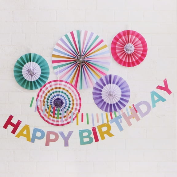 Celebrate It Happy Birthday Decor Kit, Vibrant Paper Fans and Festive Banner Set, Bright Multicolor, 12 Pack