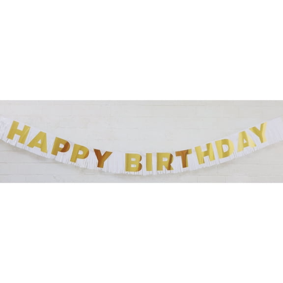 Celebrate It Happy Birthday Fringe Banner, Gold Lettering with White Fringe Accents, Gold & White, 6.5ft, 12 Pack