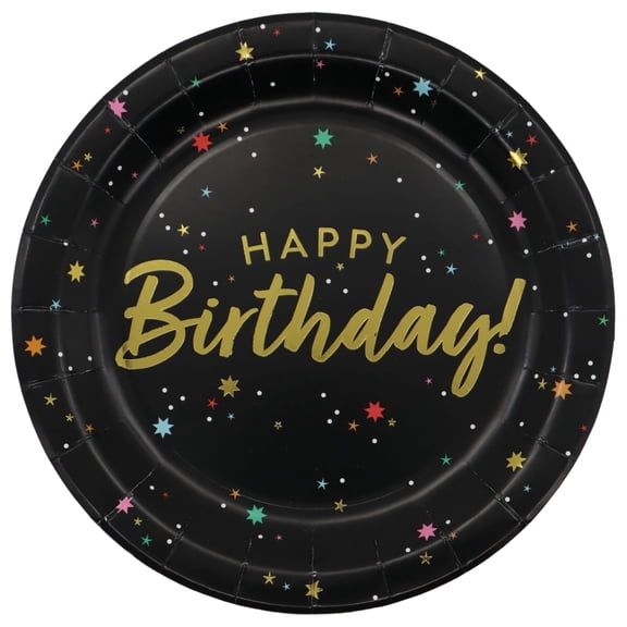 Celebrate It Happy Birthday Paper Plates, Starry Night with Gold Foil Script, Black/Gold, 9", 12 Pack (96 Total)