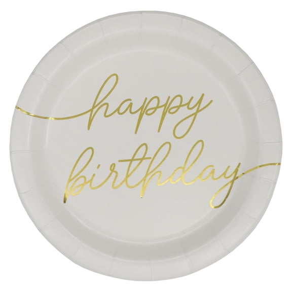 Celebrate It Happy Birthday Snack Plates, Gold Foil Script and Rim Decorative Paper Tableware, White/Gold, 7", 12 Pack (96 Total)