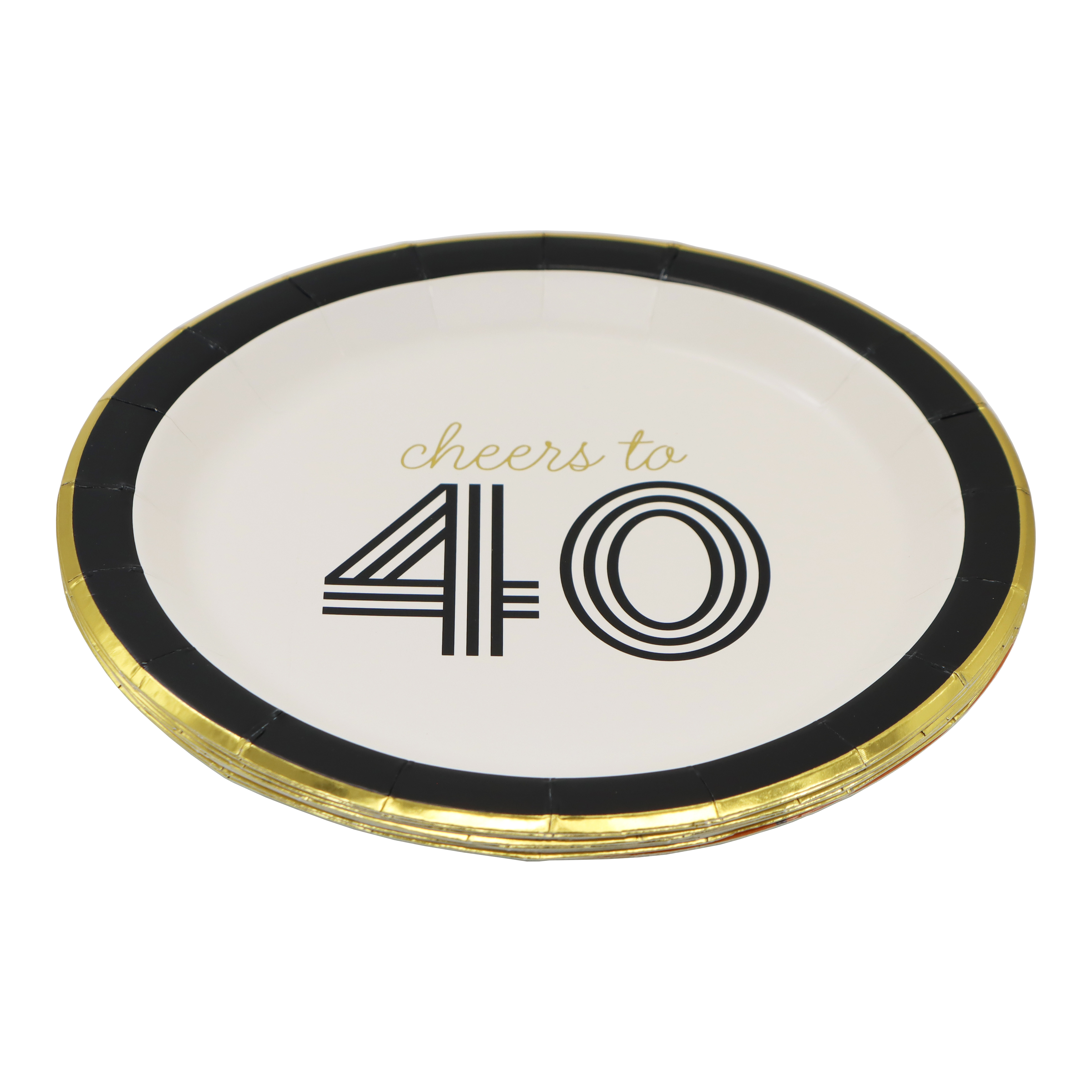 Celebrate It Paper Dinner Plates - "Cheers to 40" Gold-Foil Birthday Plates, Black/White/Gold, 7", 24 Packs (192 Total)