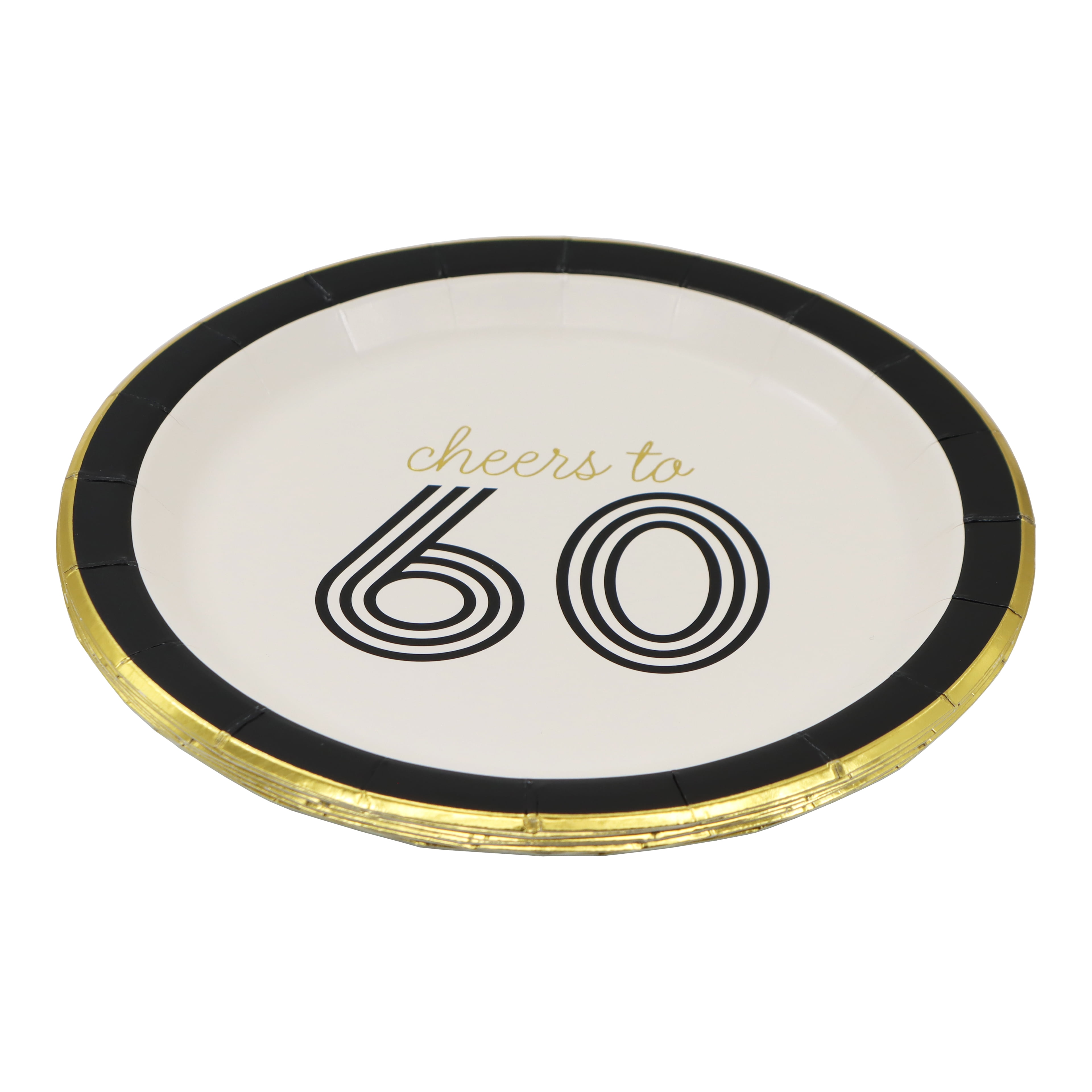Celebrate It Paper Dinner Plates - "Cheers to 60" Gold-Foil Birthday Plates, Black/White/Gold, 7", 24 Packs (192 Total)