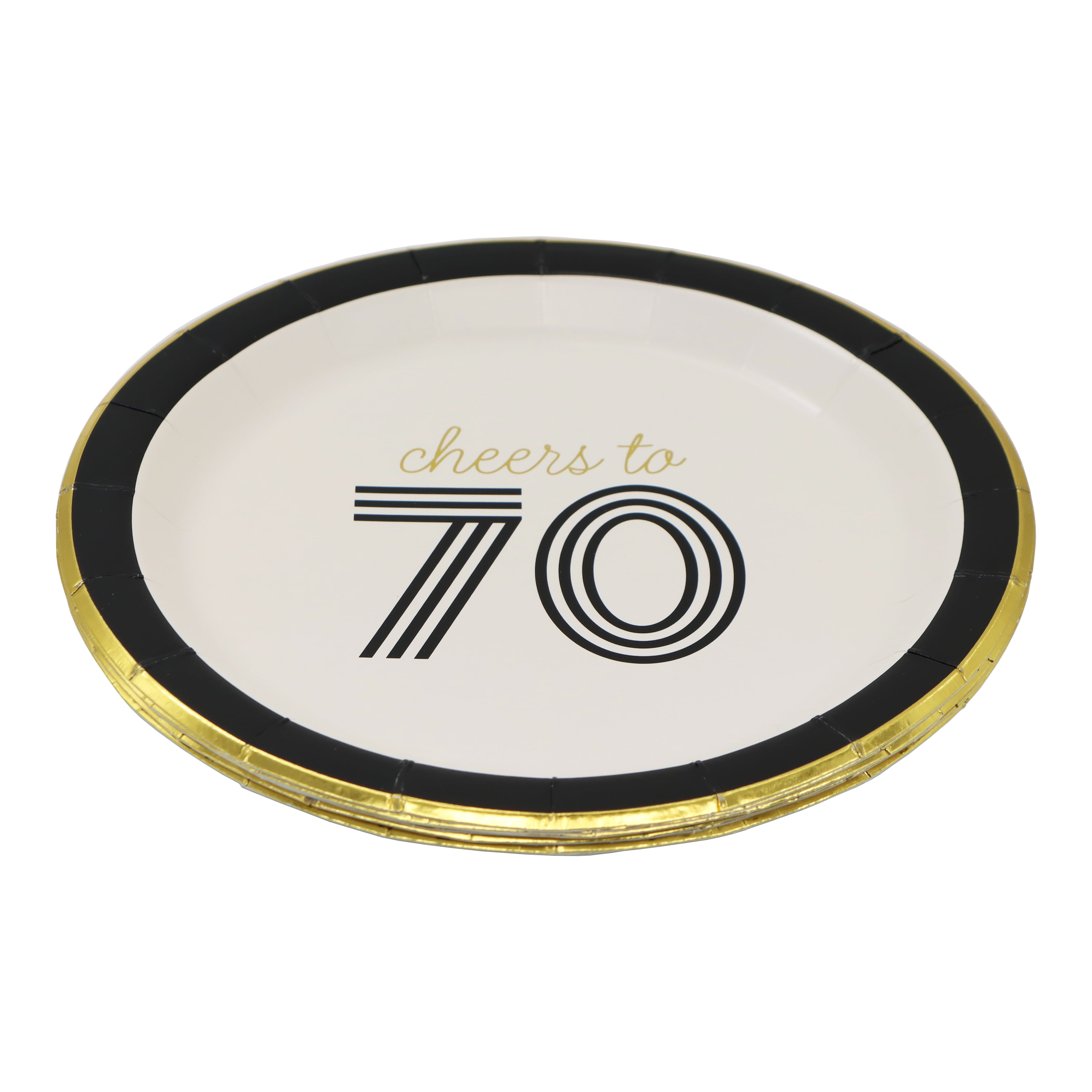 Celebrate It Paper Dinner Plates - "Cheers to 70" Gold-Foil Birthday Plates, Black/White/Gold, 7", 24 Packs (192 Total)