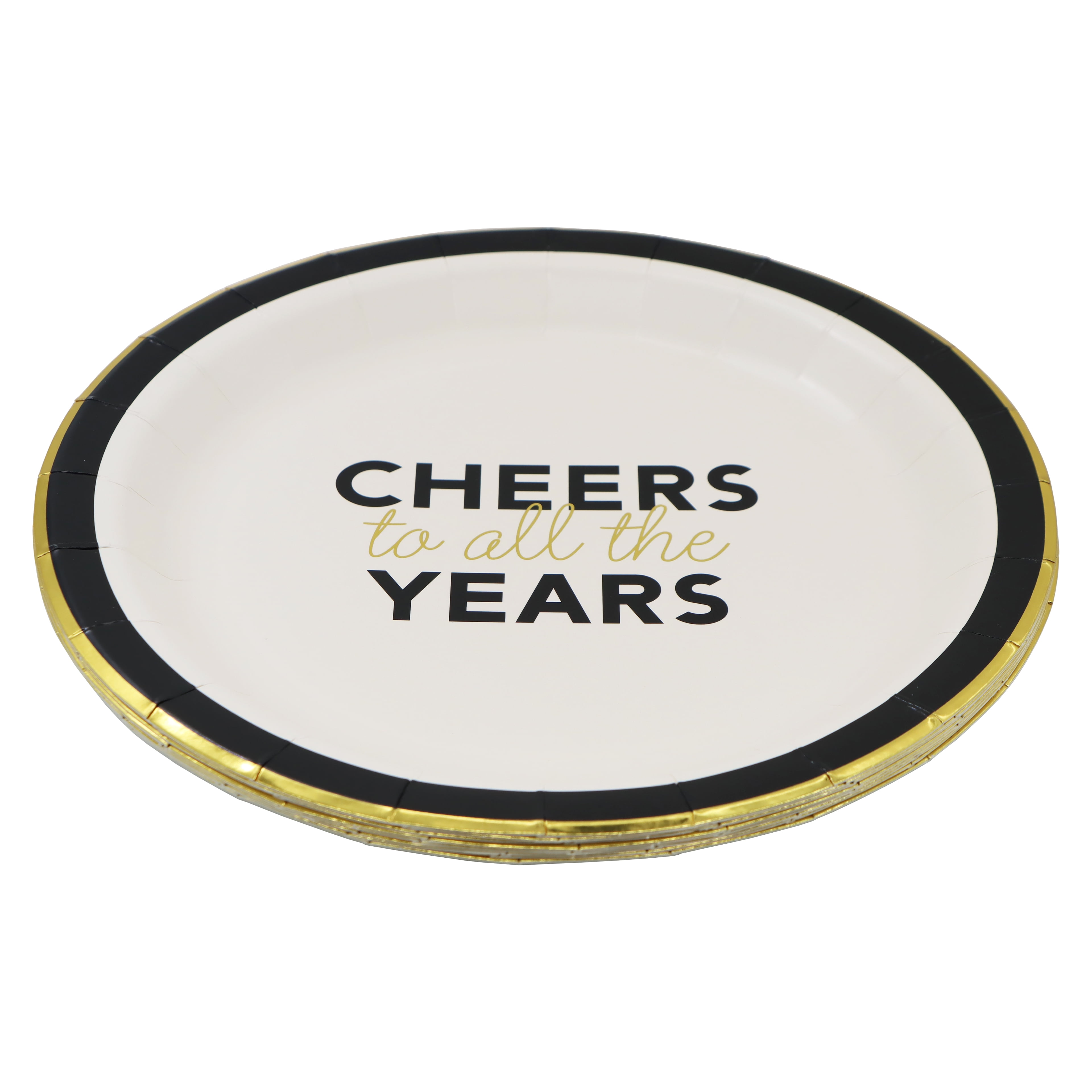 Celebrate It Paper Plates - "Cheers to All the Years" Gold-Foil Birthday Plates, Black/Gold, 9", 12 Packs (96 Total)