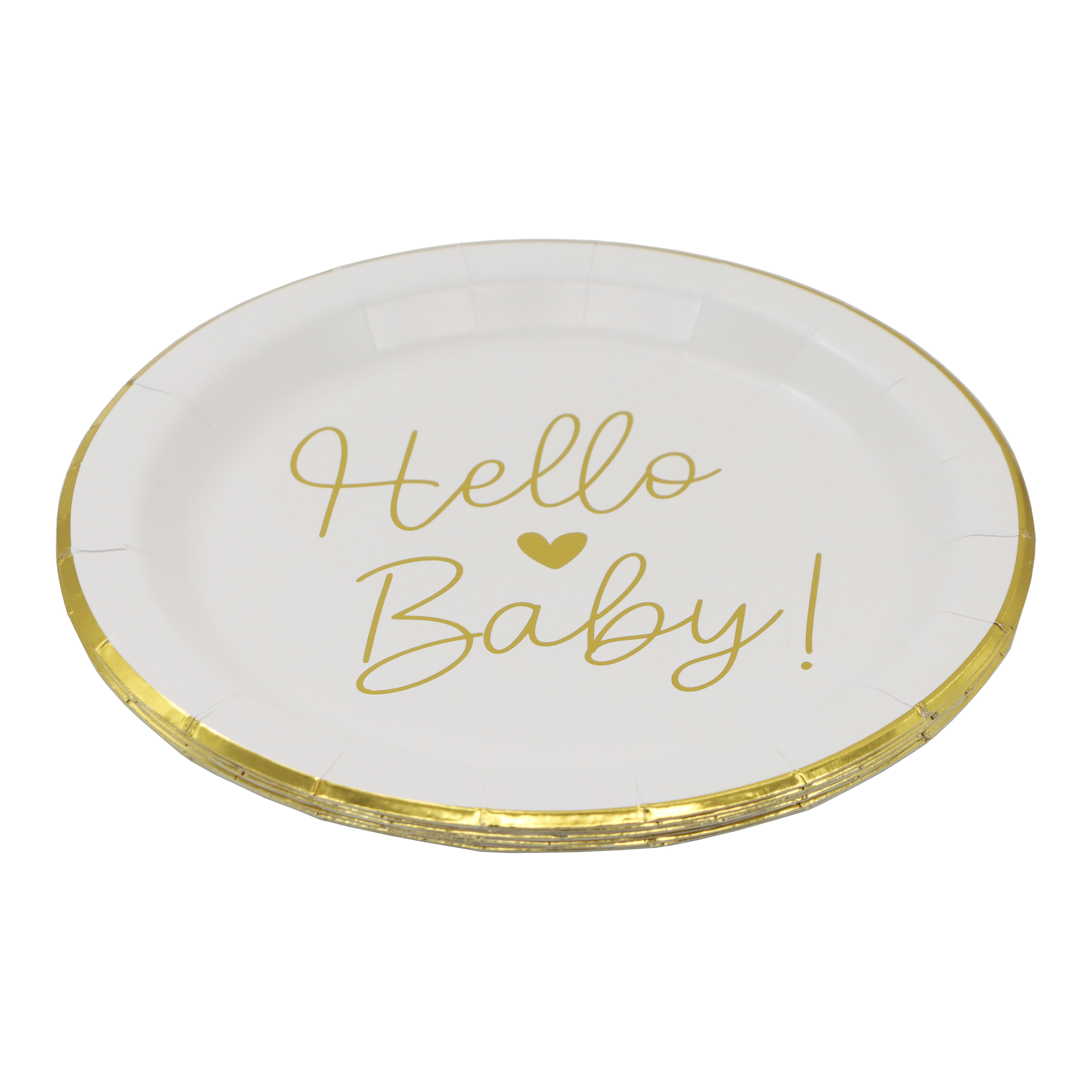 Celebrate It Paper Plates - "Hello Baby!" Gold-Foil Baby Shower Plates with Heart Accent, White/Gold, 7", 24 Packs (192 Total)