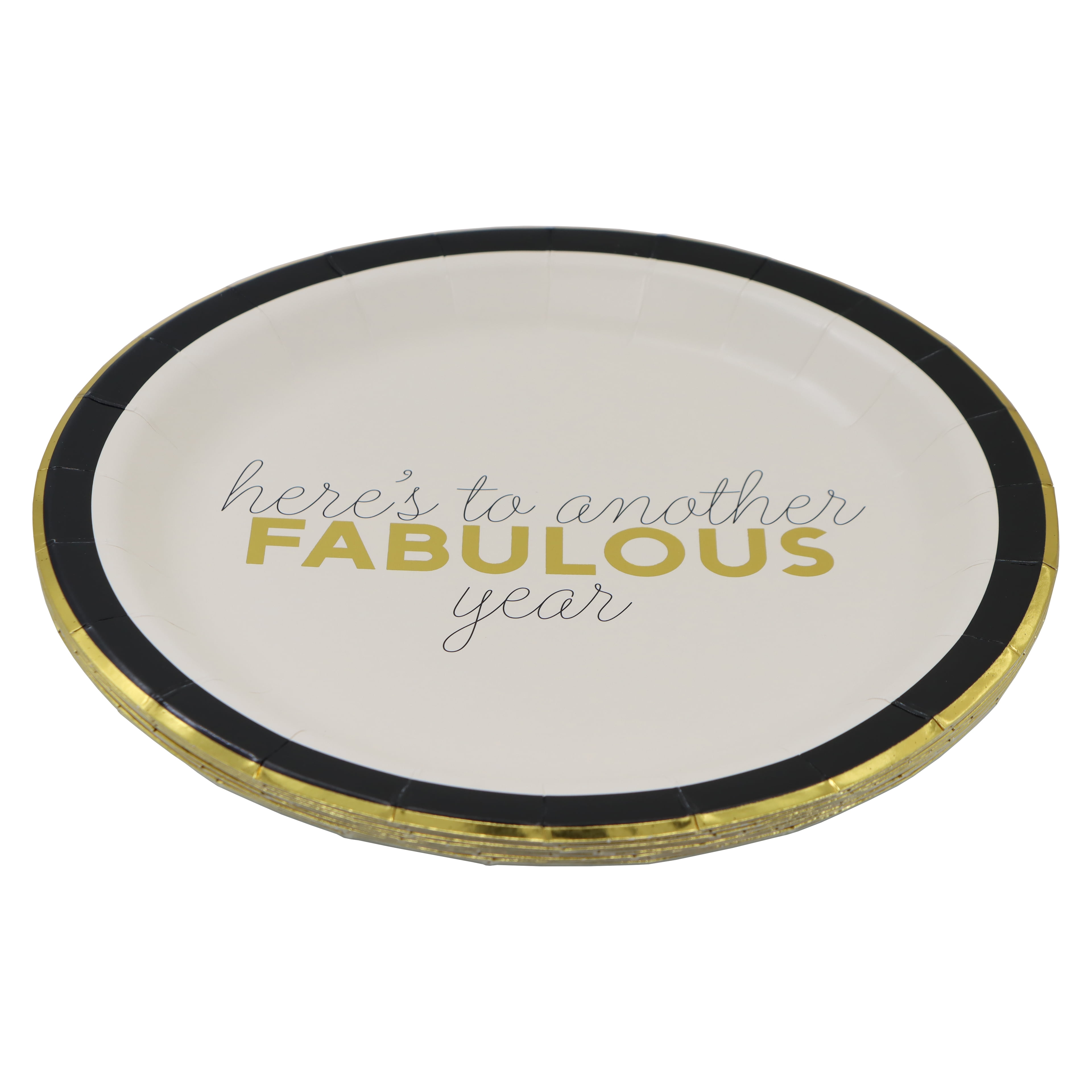 Celebrate It Paper Plates - "Here's to Another Fabulous Year" Gold-Foil Birthday Plates, Black/Gold, 9", 12 Packs (96 Total)