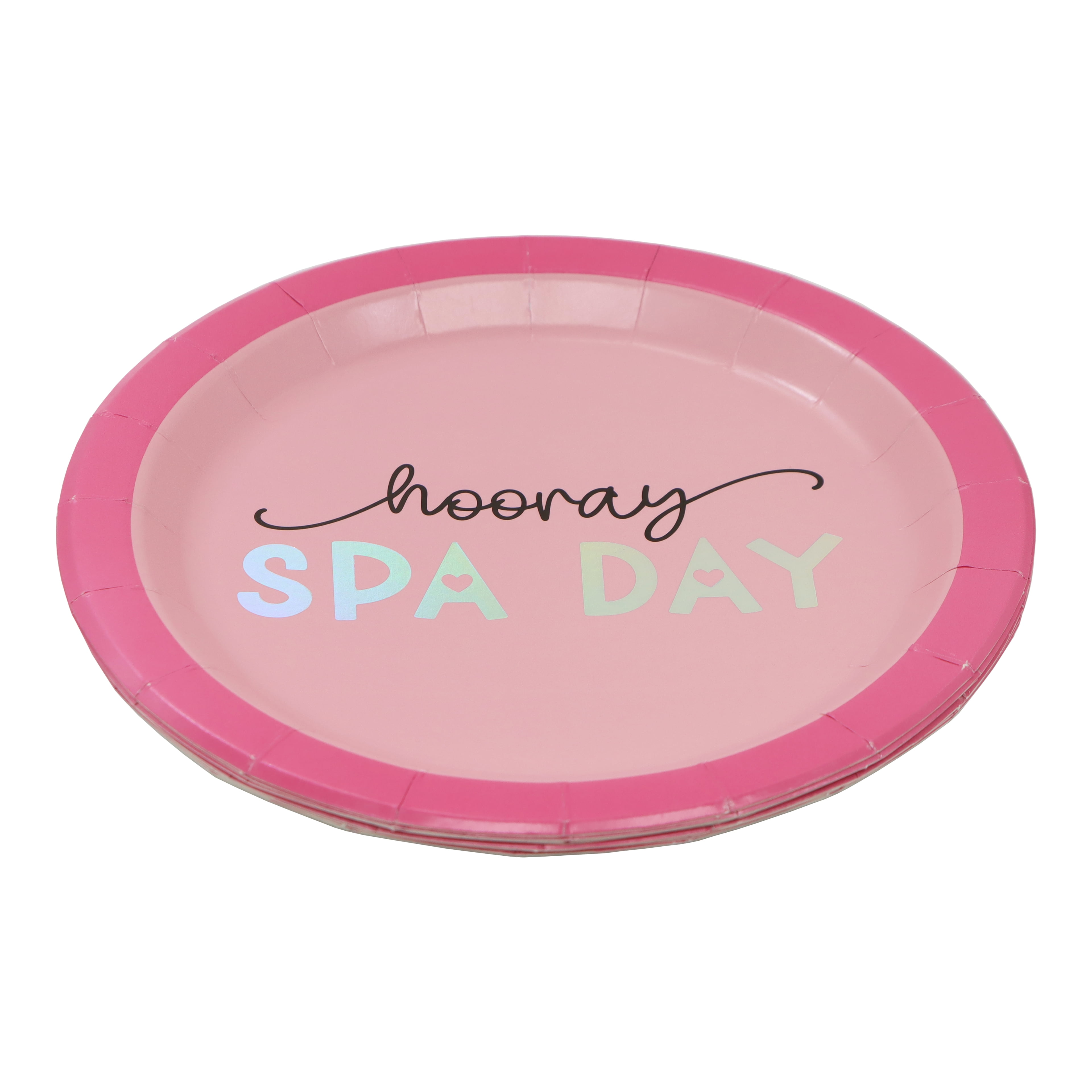 Celebrate It Paper Plates - "Hooray Spa Day" Holographic Foil Disposable Snack Plates, Pink/Black, 7", 24 Packs (192 Total)